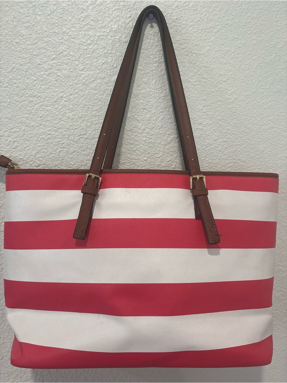 Michael Kors pink and White Striped Tote with Brown Leather Accents - Picture 11 of 12